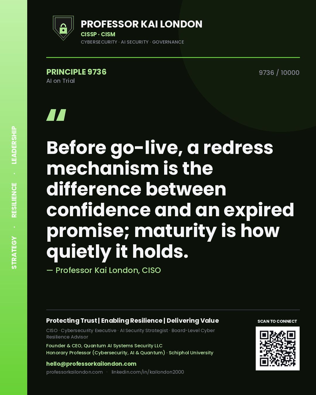 Quote card by Professor Kai London reading 'Before go-live, a redress mechanism is the difference between confidence and an expired promise; maturity is how quietly it holds.'. From the book AI on Trial.