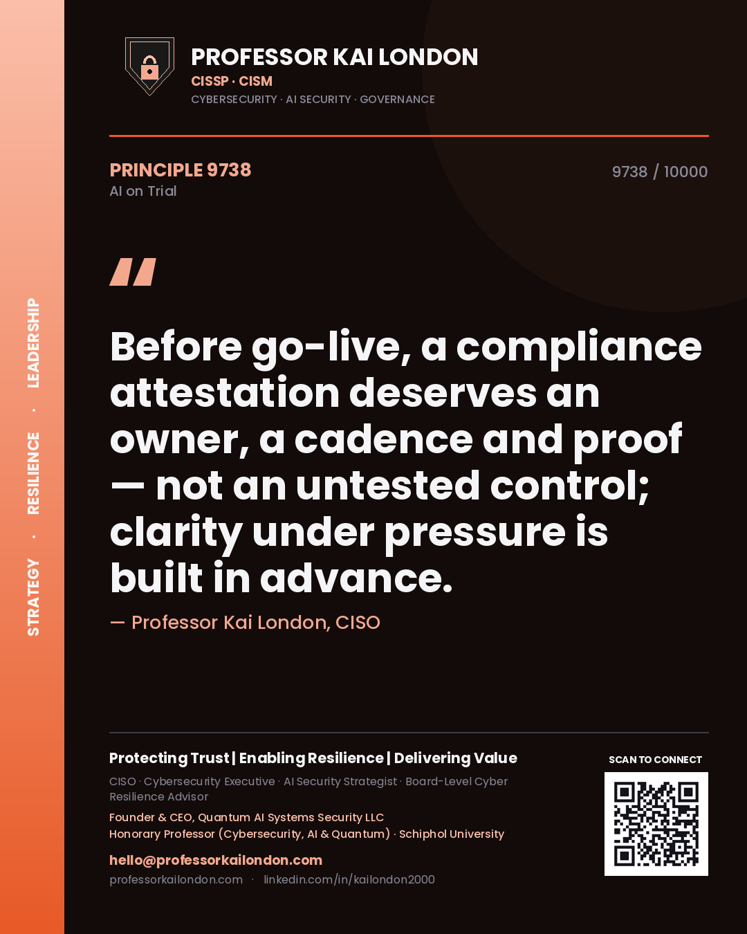Quote card by Professor Kai London reading 'Before go-live, a compliance attestation deserves an owner, a cadence and proof — not an untested control; clarity under pressure is built in advance.'. From the book AI on Trial.