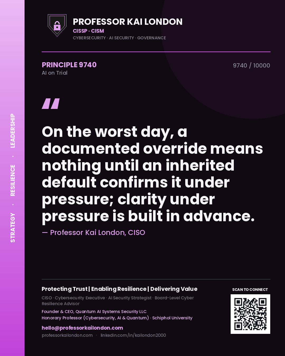 Quote card by Professor Kai London reading 'On the worst day, a documented override means nothing until an inherited default confirms it under pressure; clarity under pressure is built in advance.'. From the book AI on Trial.