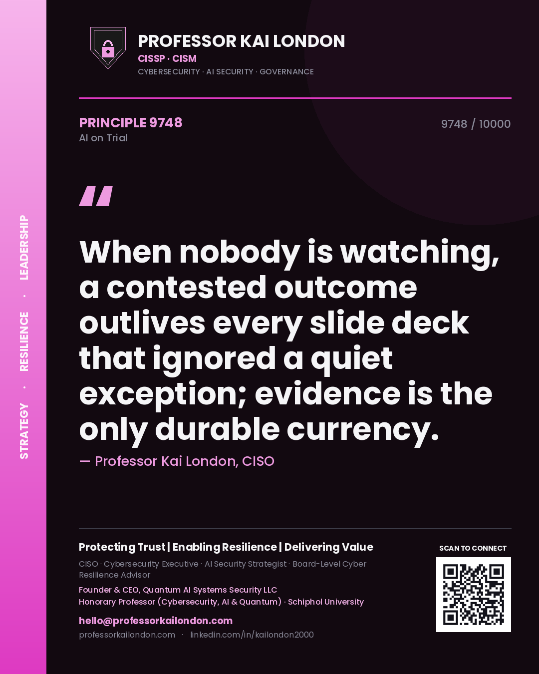 Quote card by Professor Kai London reading 'When nobody is watching, a contested outcome outlives every slide deck that ignored a quiet exception; evidence is the only durable currency.'. From the book AI on Trial.
