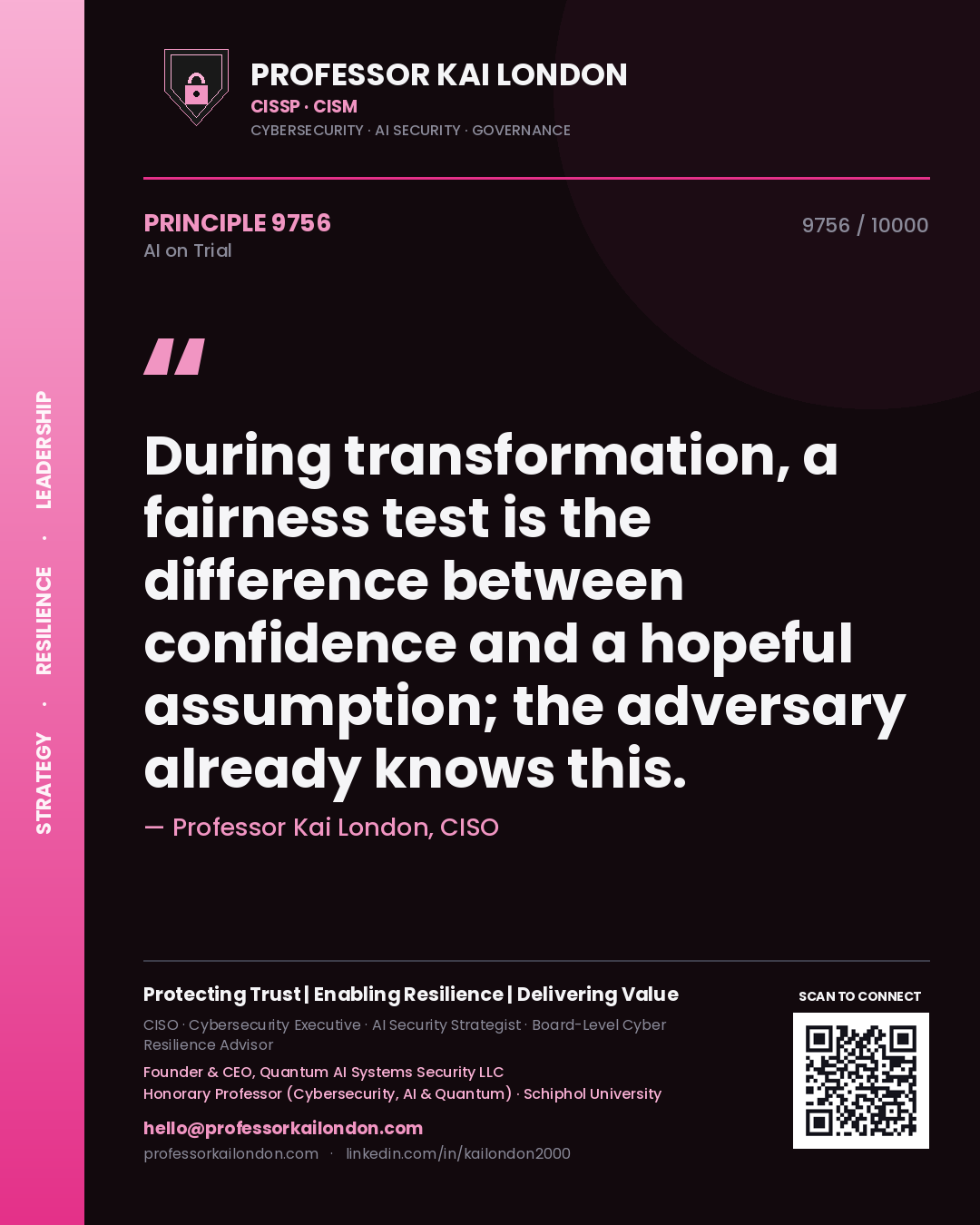 Quote card by Professor Kai London reading 'During transformation, a fairness test is the difference between confidence and a hopeful assumption; the adversary already knows this.'. From the book AI on Trial.