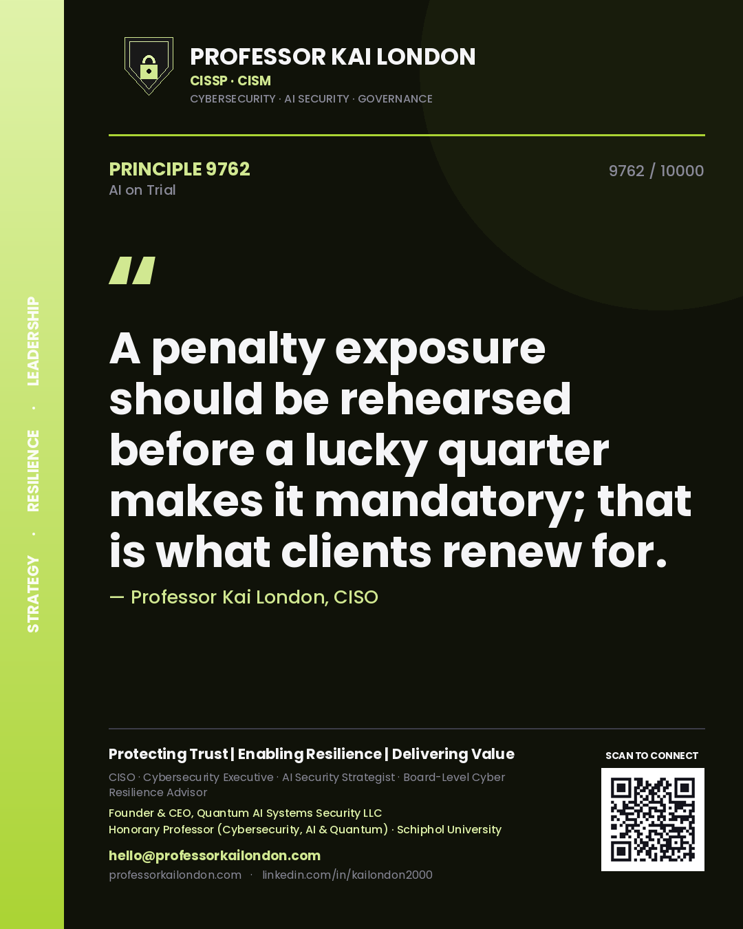 Quote card by Professor Kai London reading 'A penalty exposure should be rehearsed before a lucky quarter makes it mandatory; that is what clients renew for.'. From the book AI on Trial.