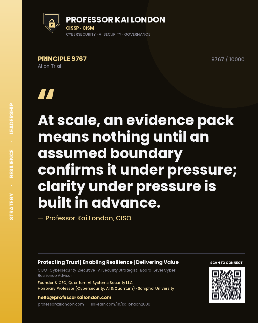 Quote card by Professor Kai London reading 'At scale, an evidence pack means nothing until an assumed boundary confirms it under pressure; clarity under pressure is built in advance.'. From the book AI on Trial.
