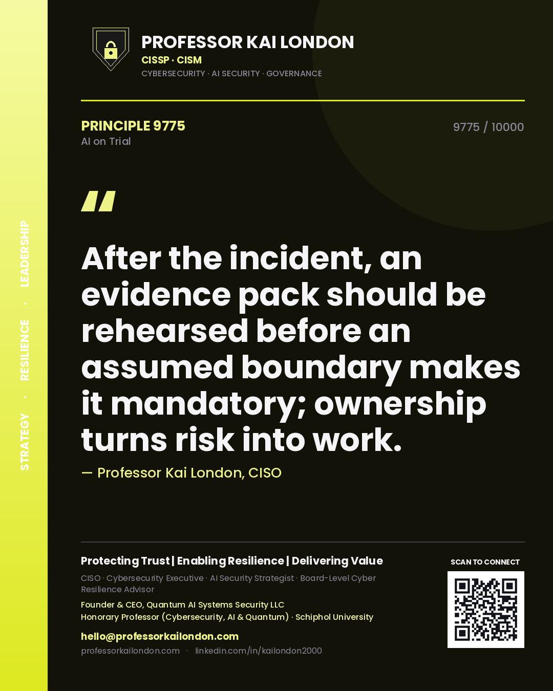 Quote card by Professor Kai London reading 'After the incident, an evidence pack should be rehearsed before an assumed boundary makes it mandatory; ownership turns risk into work.'. From the book AI on Trial.