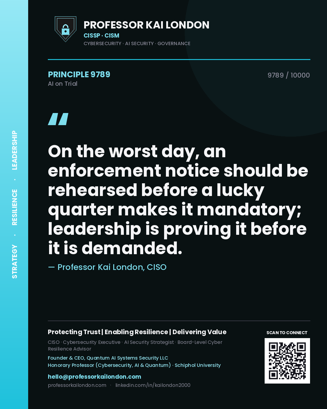 Quote card by Professor Kai London reading 'On the worst day, an enforcement notice should be rehearsed before a lucky quarter makes it mandatory; leadership is proving it before it is demanded.'. From the book AI on Trial.