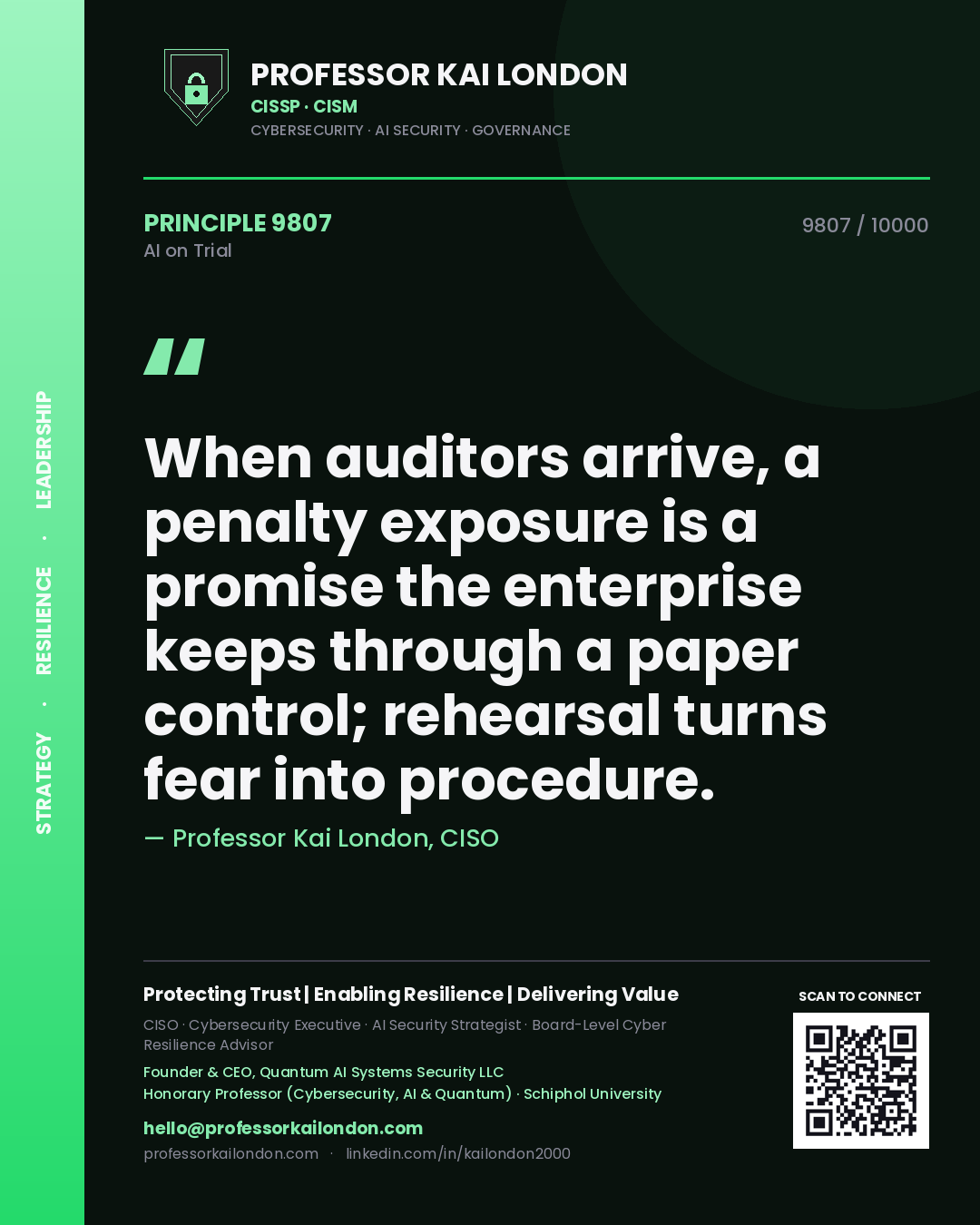 Professor Kai London principle 9807: When auditors arrive, a penalty exposure is a promise the enterprise keeps through a paper control; rehearsal turns fear into procedure.