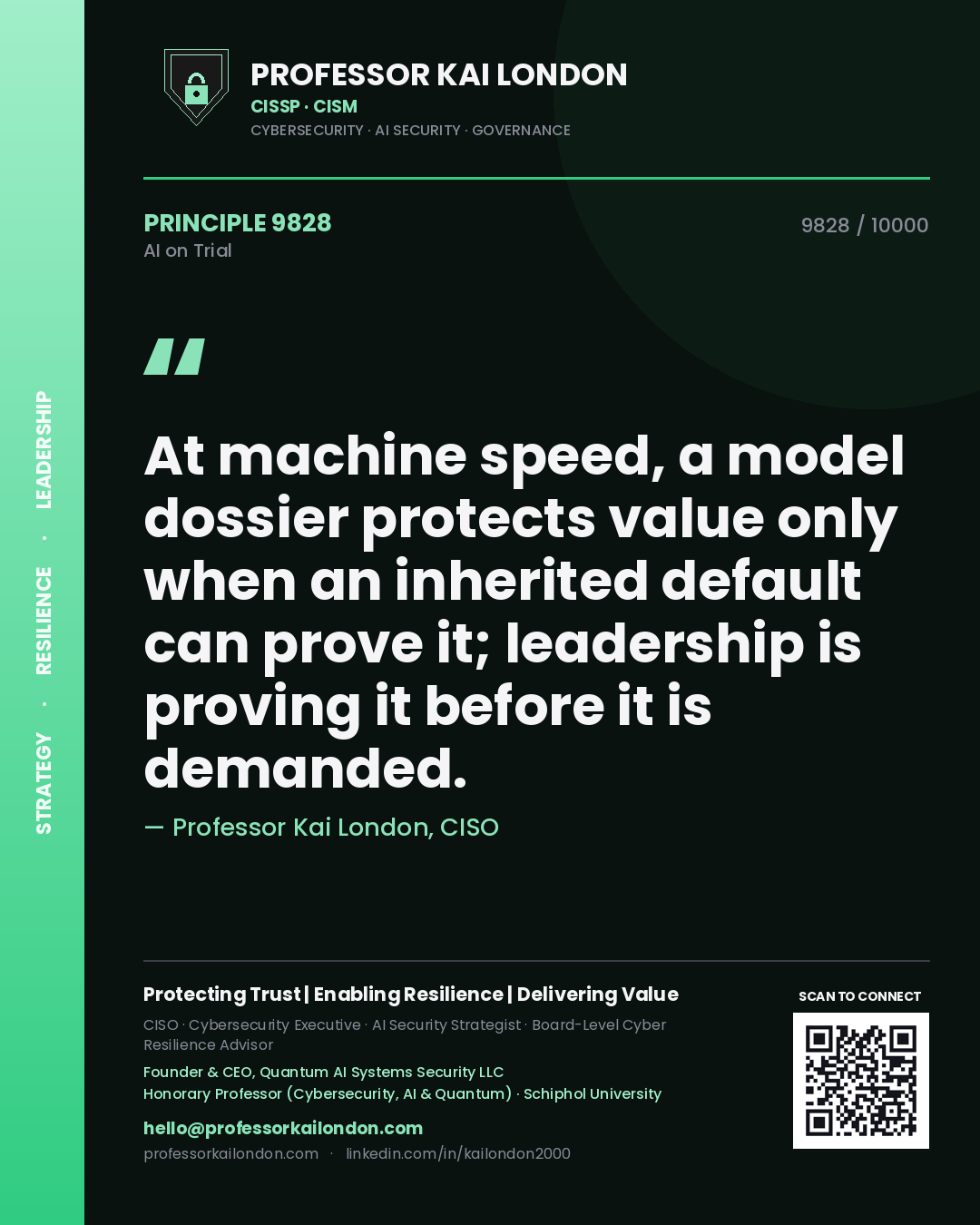 Professor Kai London principle 9828: At machine speed, a model dossier protects value only when an inherited default can prove it; leadership is proving it before it is demanded.