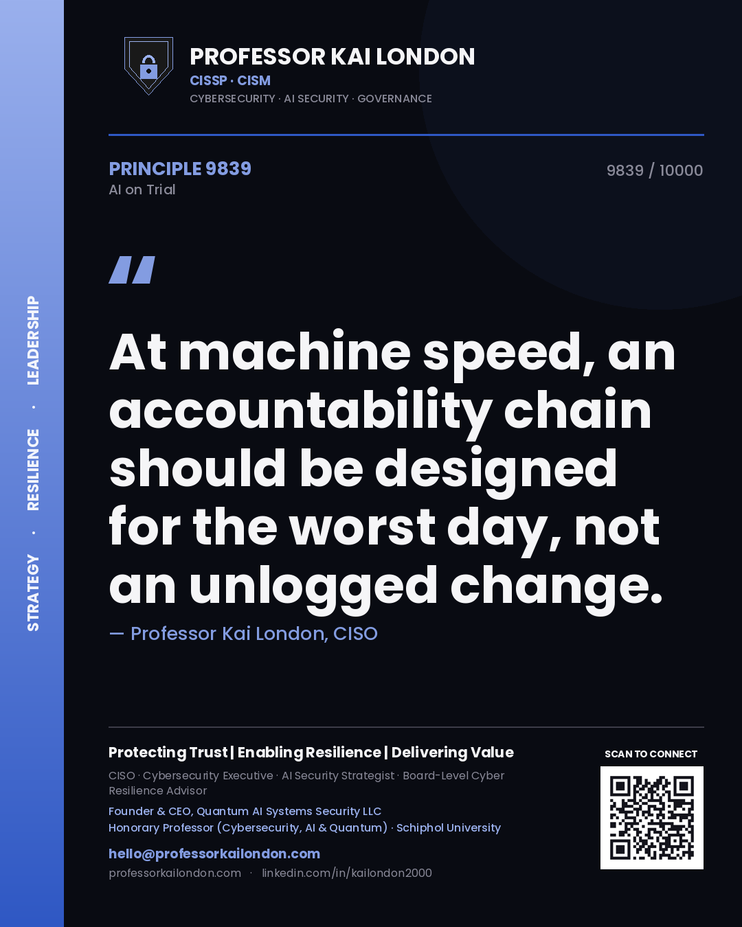 Professor Kai London principle 9839: At machine speed, an accountability chain should be designed for the worst day, not an unlogged change.