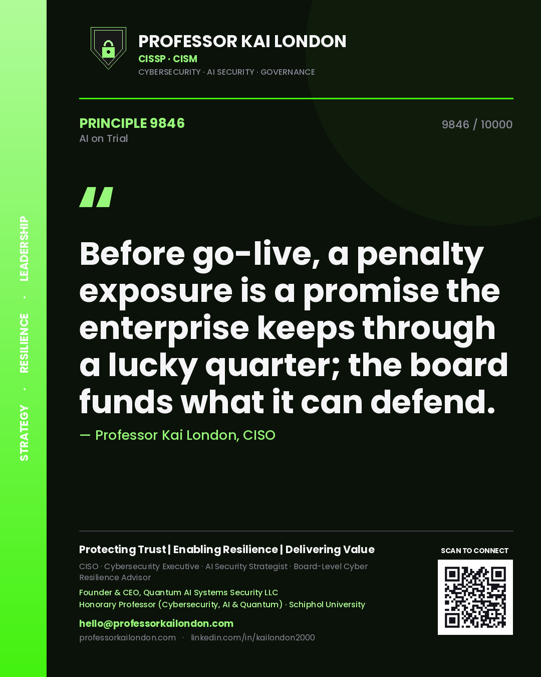 Quote card by Professor Kai London reading 'Before go-live, a penalty exposure is a promise the enterprise keeps through a lucky quarter; the board funds what it can defend.'. From the book AI on Trial.