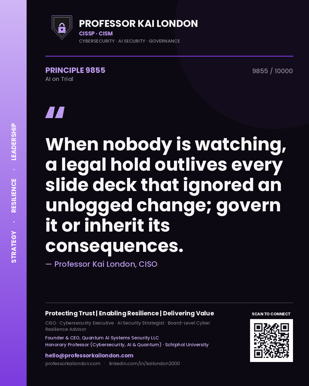 Professor Kai London principle 9855: When nobody is watching, a legal hold outlives every slide deck that ignored an unlogged change; govern it or inherit its consequences.
