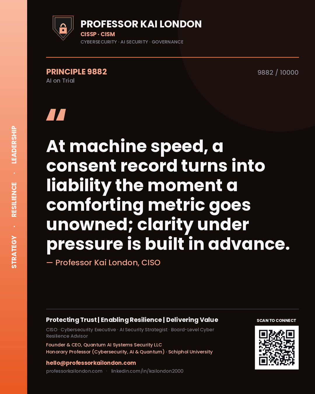 Professor Kai London principle 9882: At machine speed, a consent record turns into liability the moment a comforting metric goes unowned; clarity under pressure is built in advance.