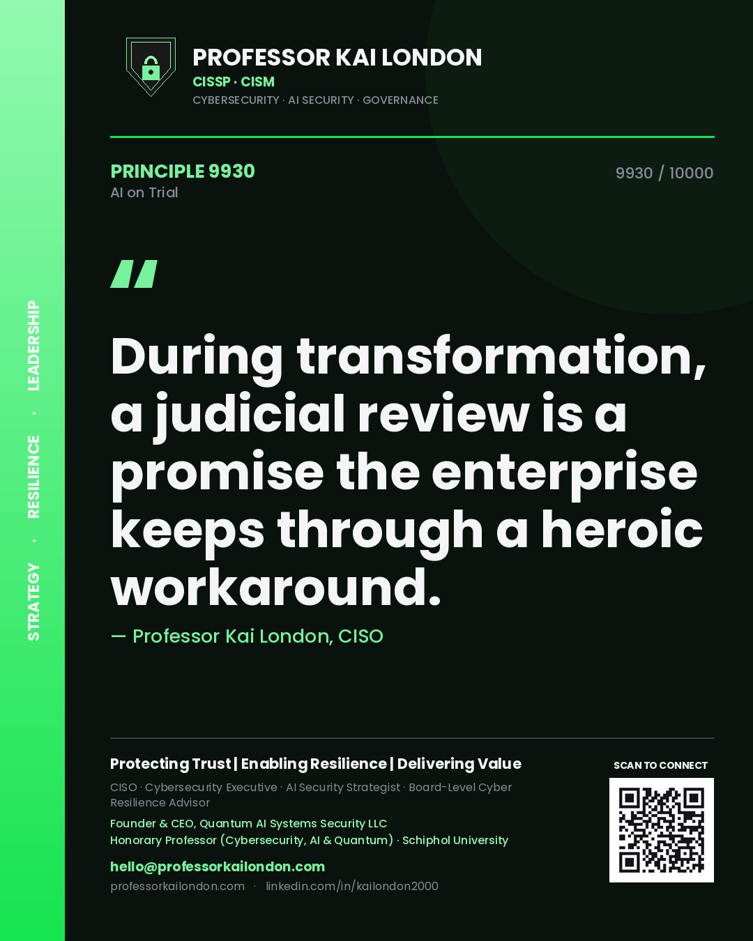 Professor Kai London principle 9930: During transformation, a judicial review is a promise the enterprise keeps through a heroic workaround.
