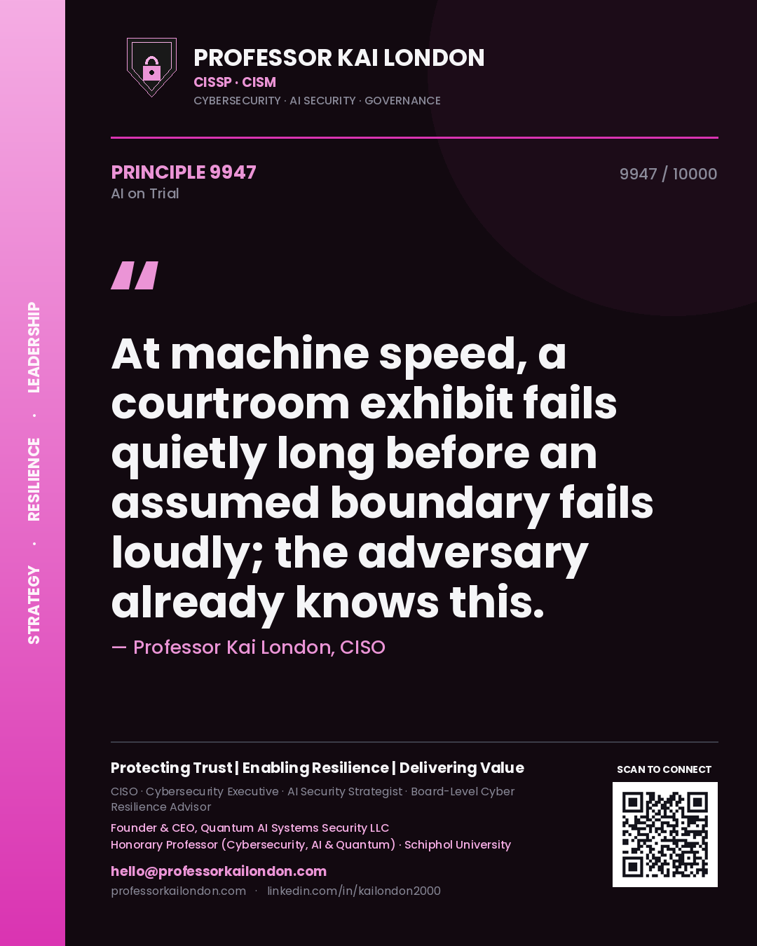 Professor Kai London principle 9947: At machine speed, a courtroom exhibit fails quietly long before an assumed boundary fails loudly; the adversary already knows this.