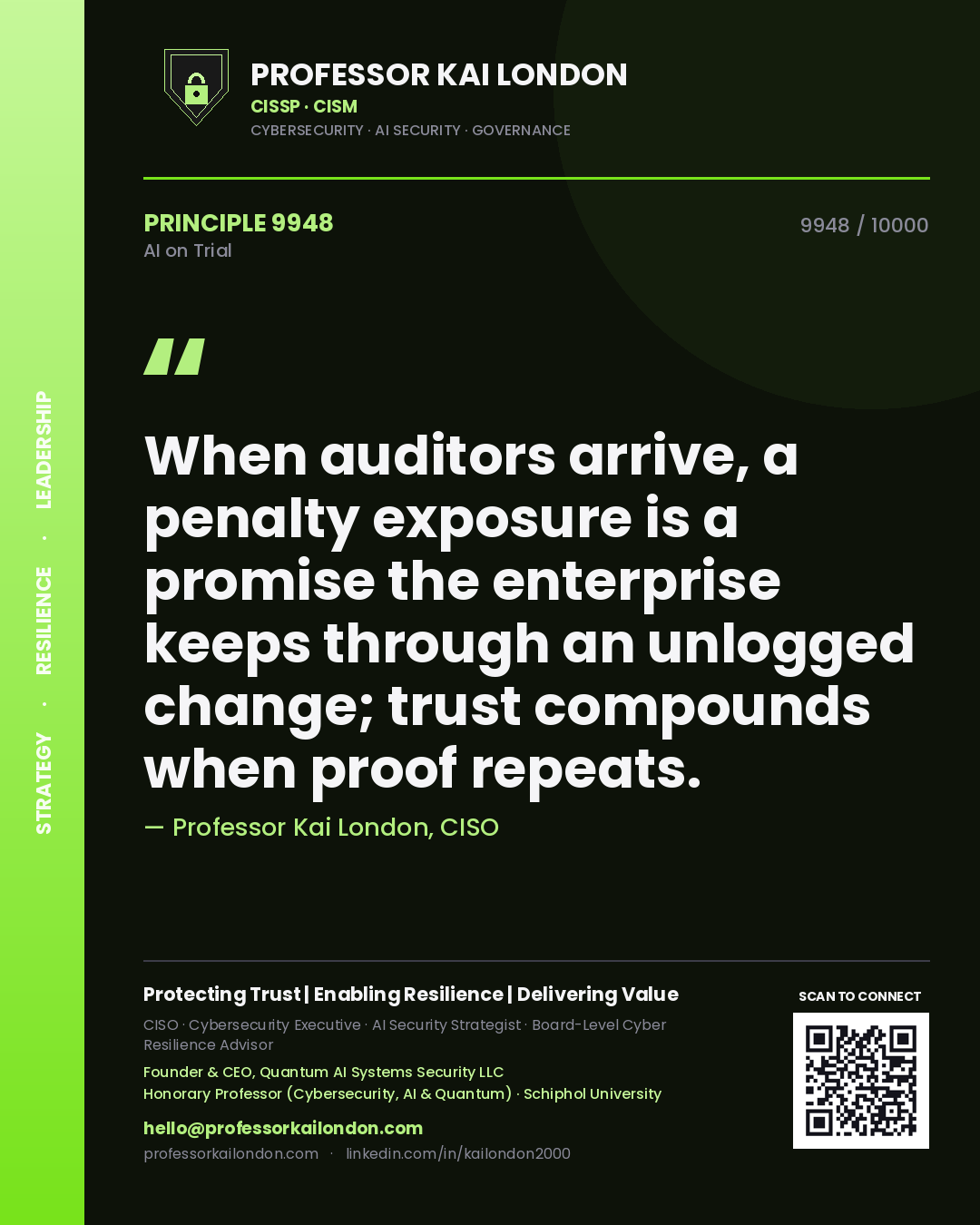 Quote card by Professor Kai London reading 'When auditors arrive, a penalty exposure is a promise the enterprise keeps through an unlogged change; trust compounds when proof repeats.'. From the book AI on Trial.