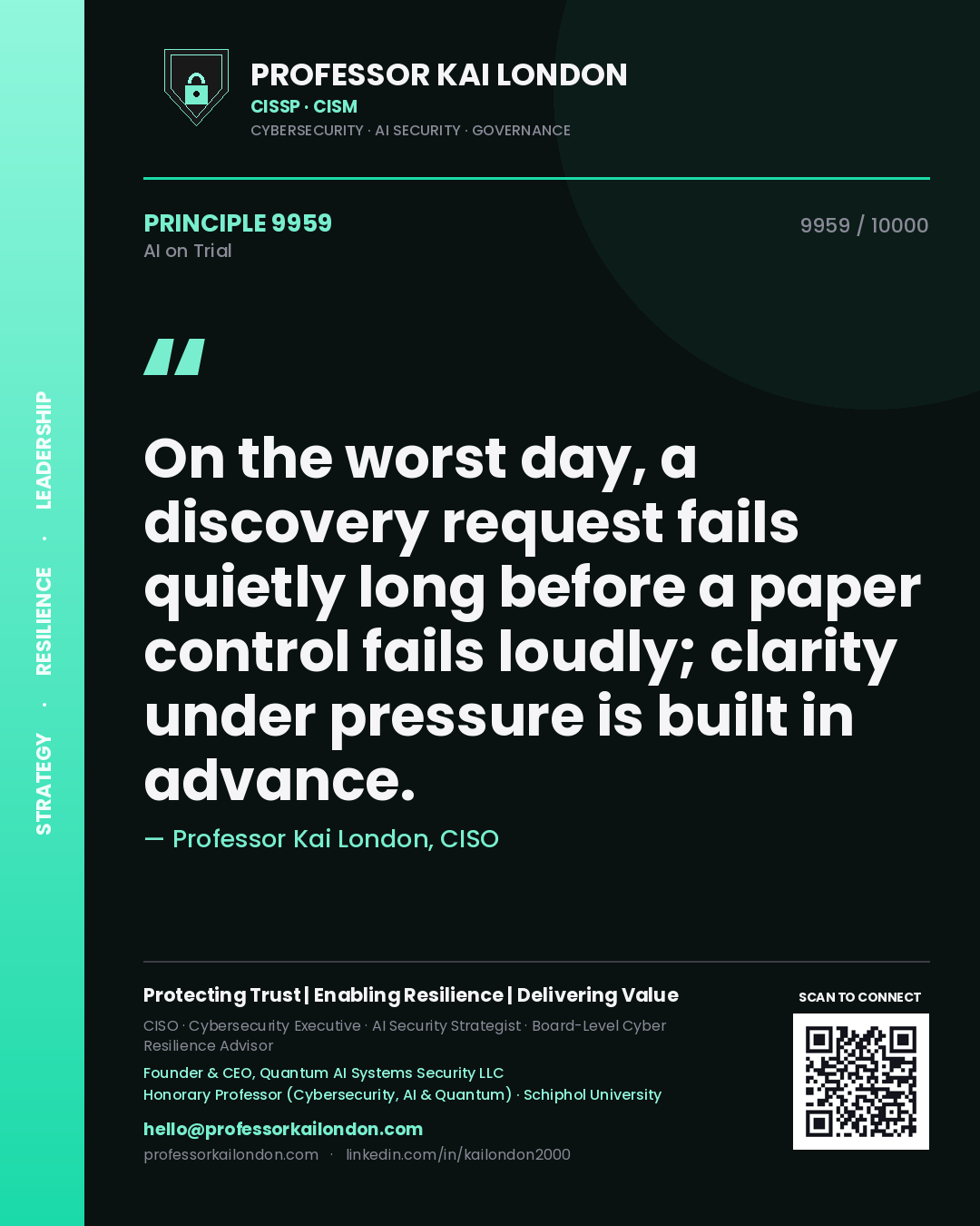 Professor Kai London principle 9959: On the worst day, a discovery request fails quietly long before a paper control fails loudly; clarity under pressure is built in advance.