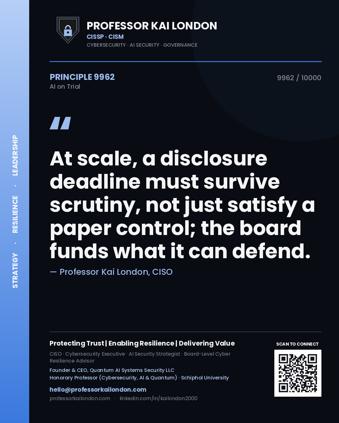Quote card by Professor Kai London reading 'At scale, a disclosure deadline must survive scrutiny, not just satisfy a paper control; the board funds what it can defend.'. From the book AI on Trial.
