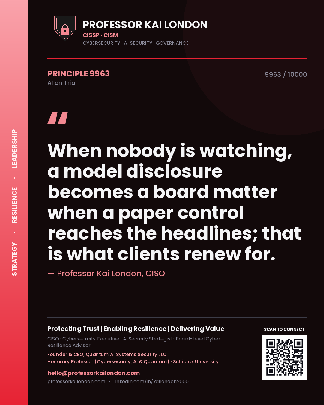 Quote card by Professor Kai London reading 'When nobody is watching, a model disclosure becomes a board matter when a paper control reaches the headlines; that is what clients renew for.'. From the book AI on Trial.