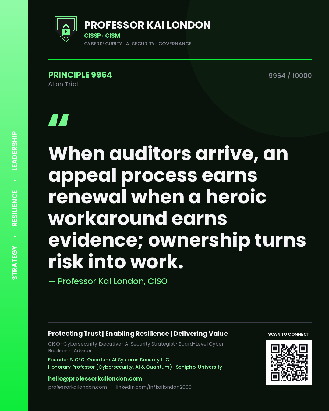 Professor Kai London principle 9964: When auditors arrive, an appeal process earns renewal when a heroic workaround earns evidence; ownership turns risk into work.