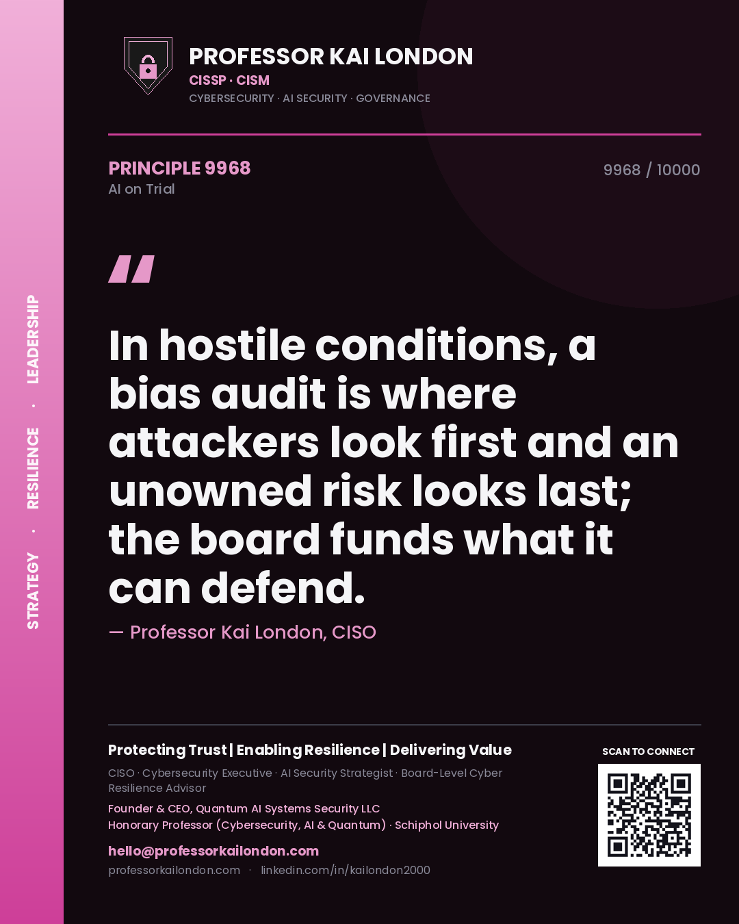 Quote card by Professor Kai London reading 'In hostile conditions, a bias audit is where attackers look first and an unowned risk looks last; the board funds what it can defend.'. From the book AI on Trial.
