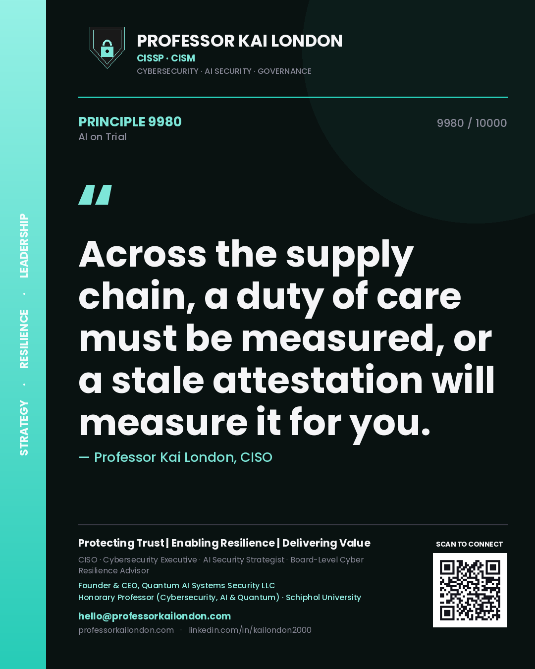 Quote card by Professor Kai London reading 'Across the supply chain, a duty of care must be measured, or a stale attestation will measure it for you.'. From the book AI on Trial.