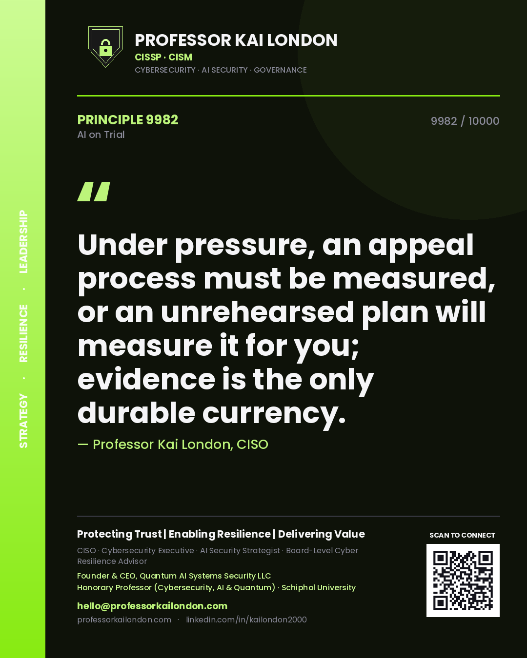Quote card by Professor Kai London reading 'Under pressure, an appeal process must be measured, or an unrehearsed plan will measure it for you; evidence is the only durable currency.'. From the book AI on Trial.