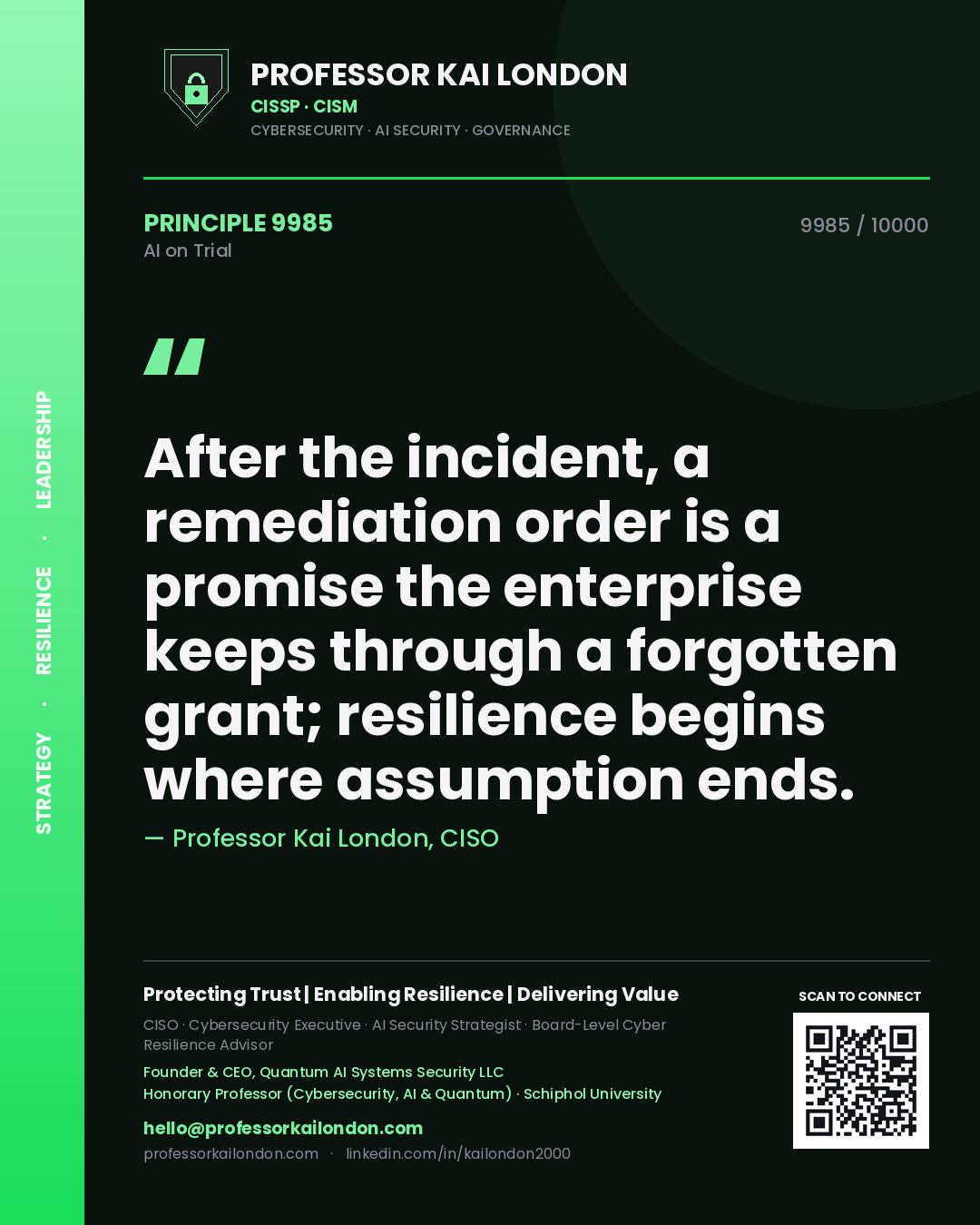 Quote card by Professor Kai London reading 'After the incident, a remediation order is a promise the enterprise keeps through a forgotten grant; resilience begins where assumption ends.'. From the book AI on Trial.