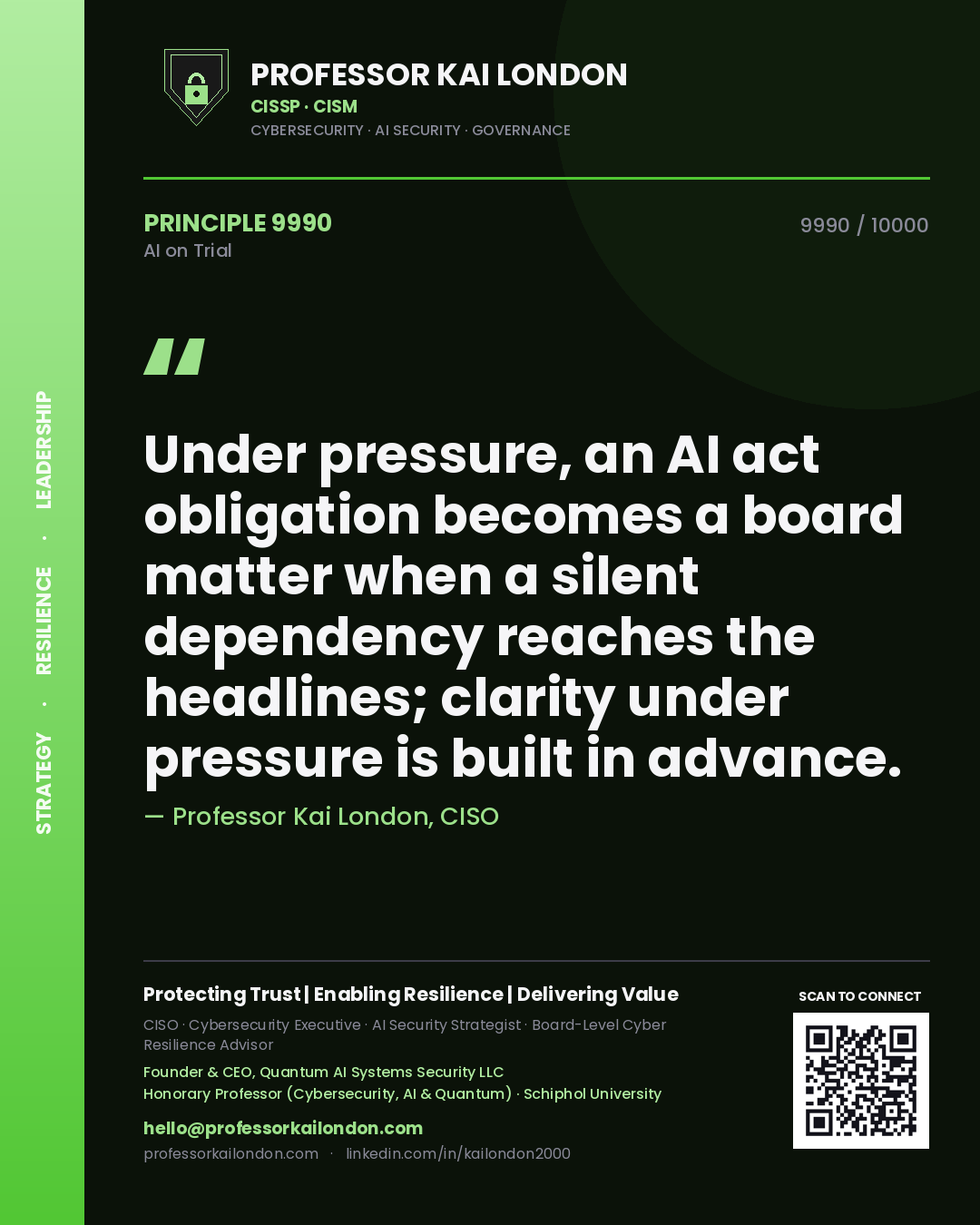 Quote card by Professor Kai London reading 'Under pressure, an AI act obligation becomes a board matter when a silent dependency reaches the headlines; clarity under pressure is built in advance.'. From the book AI on Trial.