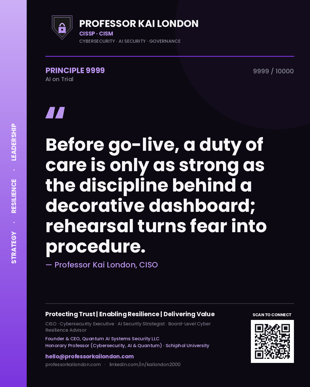 Professor Kai London principle 9999: Before go-live, a duty of care is only as strong as the discipline behind a decorative dashboard; rehearsal turns fear into procedure.