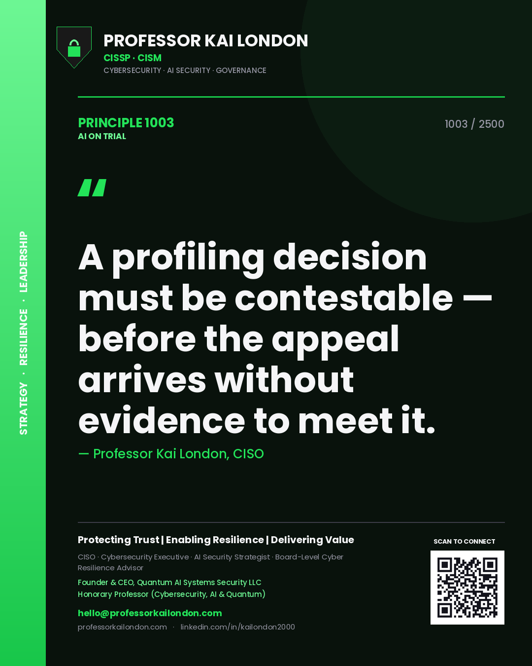 Quote card by Professor Kai London reading 'A profiling decision must be contestable — before the appeal arrives without evidence to meet it.'. From the book AI on Trial.