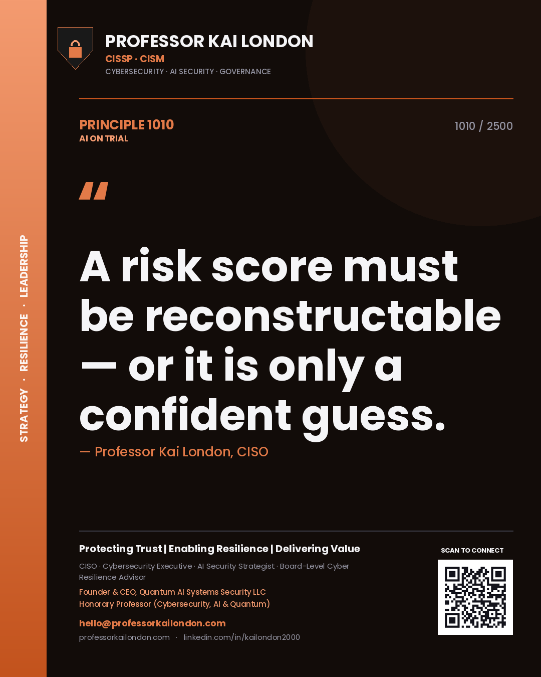 Professor Kai London principle 1010: A risk score must be reconstructable — or it is only a confident guess.