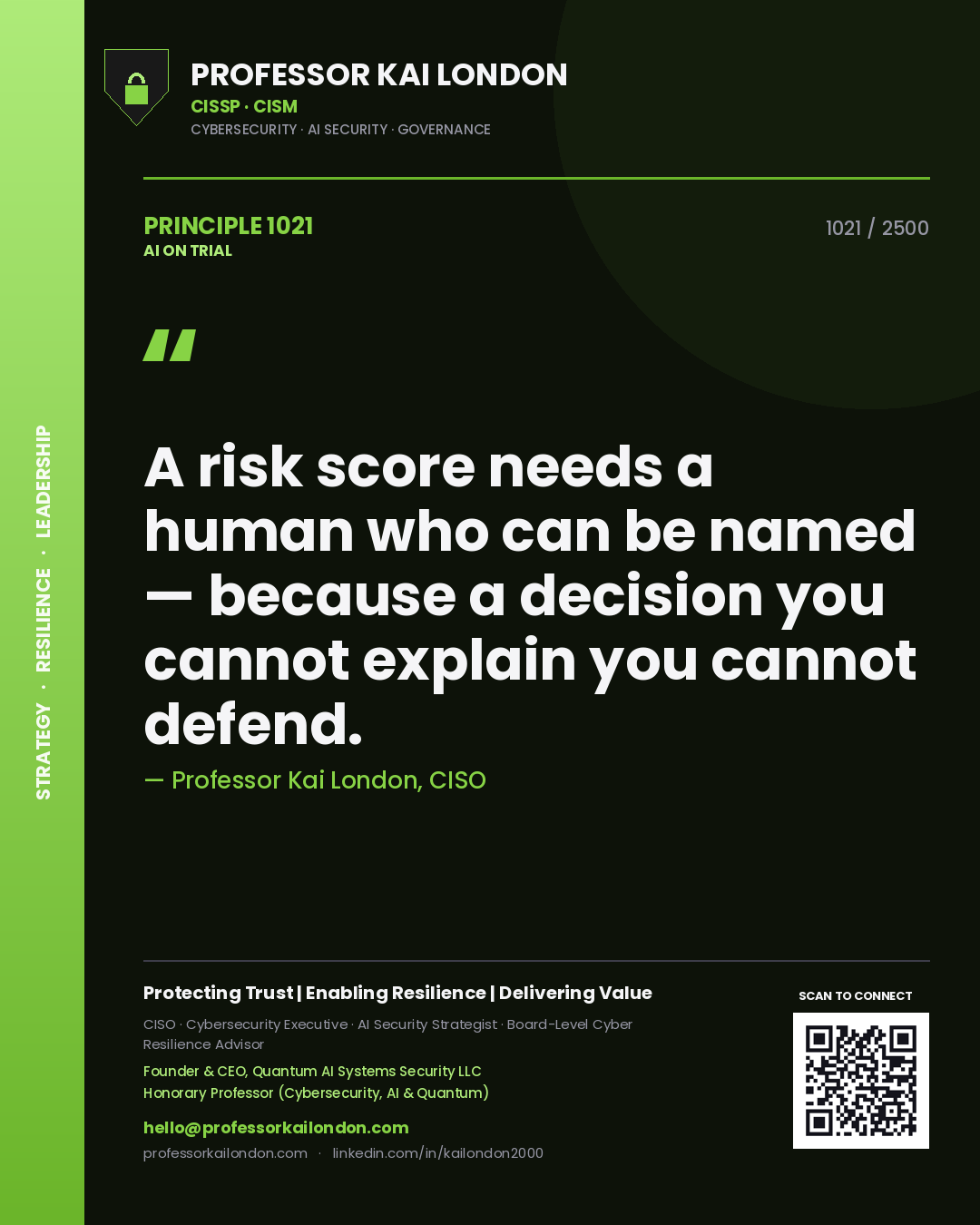 Quote card by Professor Kai London reading 'A risk score needs a human who can be named — because a decision you cannot explain you cannot defend.'. From the book AI on Trial.