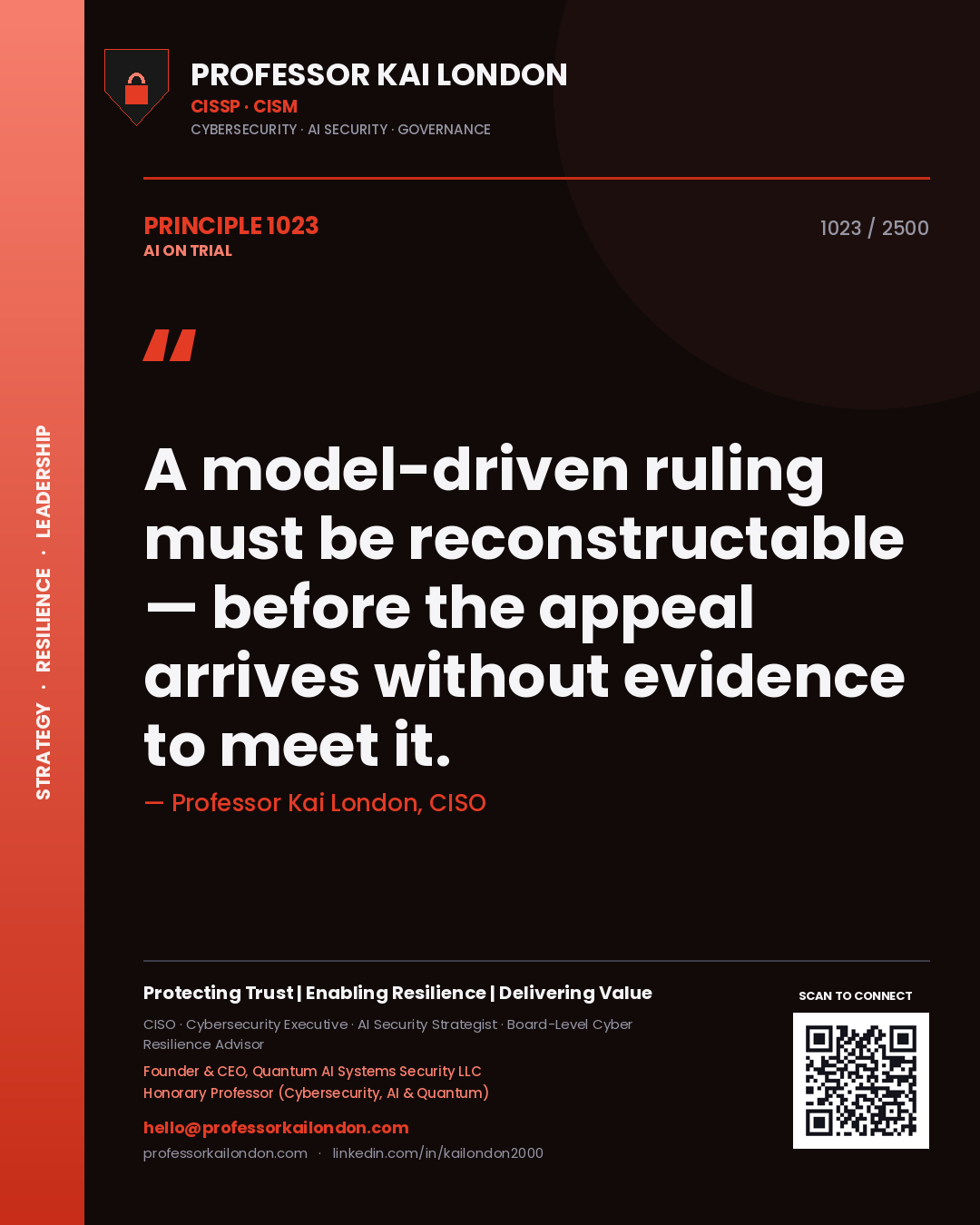Quote card by Professor Kai London reading 'A model-driven ruling must be reconstructable — before the appeal arrives without evidence to meet it.'. From the book AI on Trial.