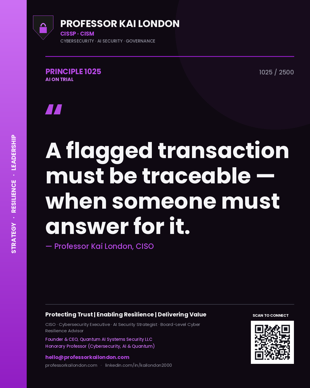 Professor Kai London principle 1025: A flagged transaction must be traceable — when someone must answer for it.