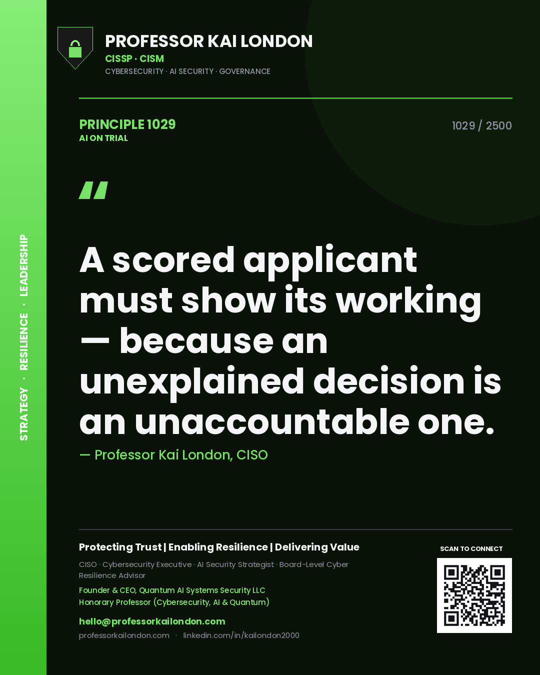 Professor Kai London principle 1029: A scored applicant must show its working — because an unexplained decision is an unaccountable one.
