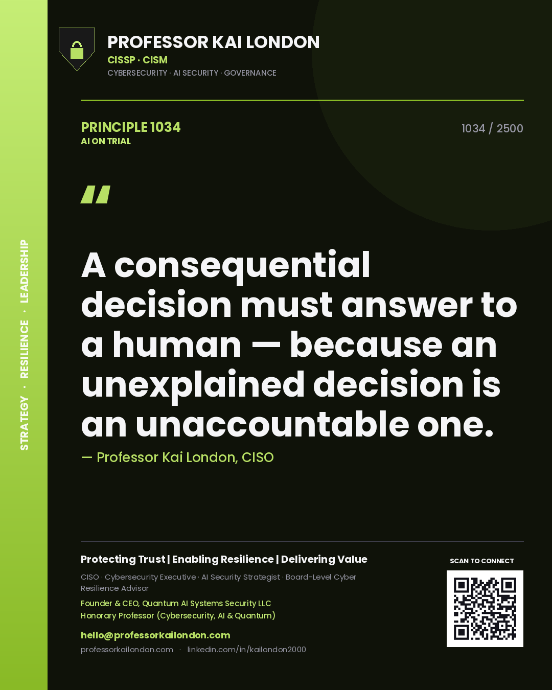 Professor Kai London principle 1034: A consequential decision must answer to a human — because an unexplained decision is an unaccountable one.
