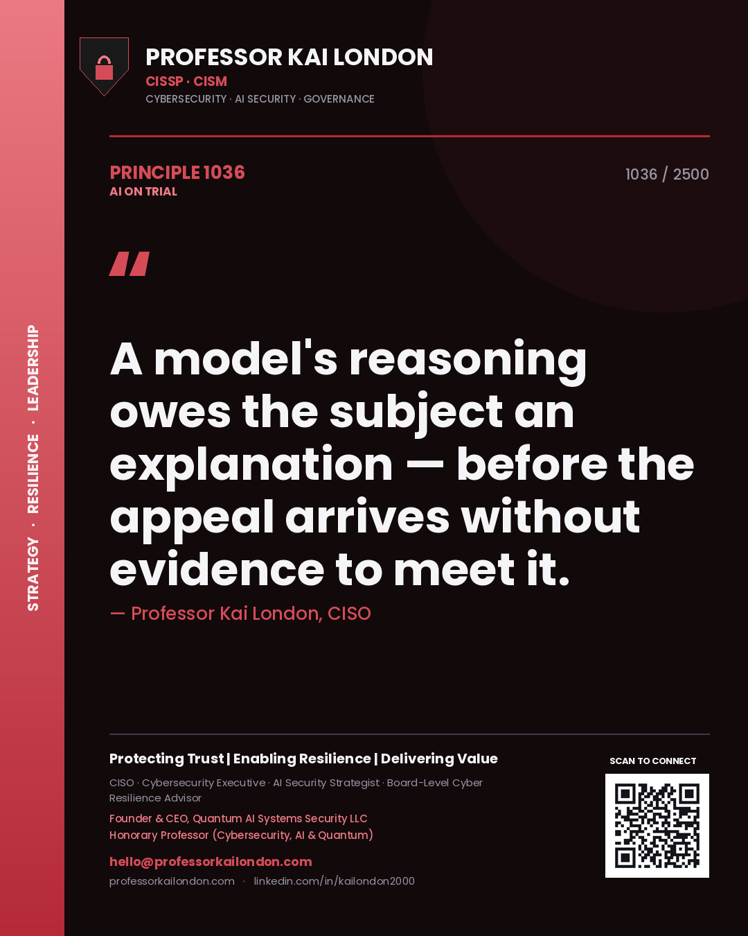 Professor Kai London principle 1036: A model's reasoning owes the subject an explanation — before the appeal arrives without evidence to meet it.
