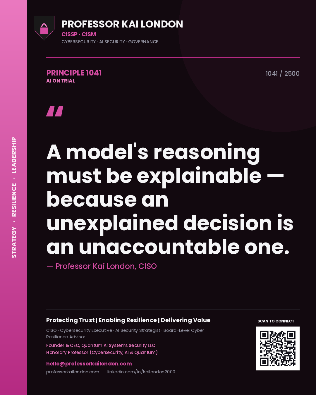 Professor Kai London principle 1041: A model's reasoning must be explainable — because an unexplained decision is an unaccountable one.
