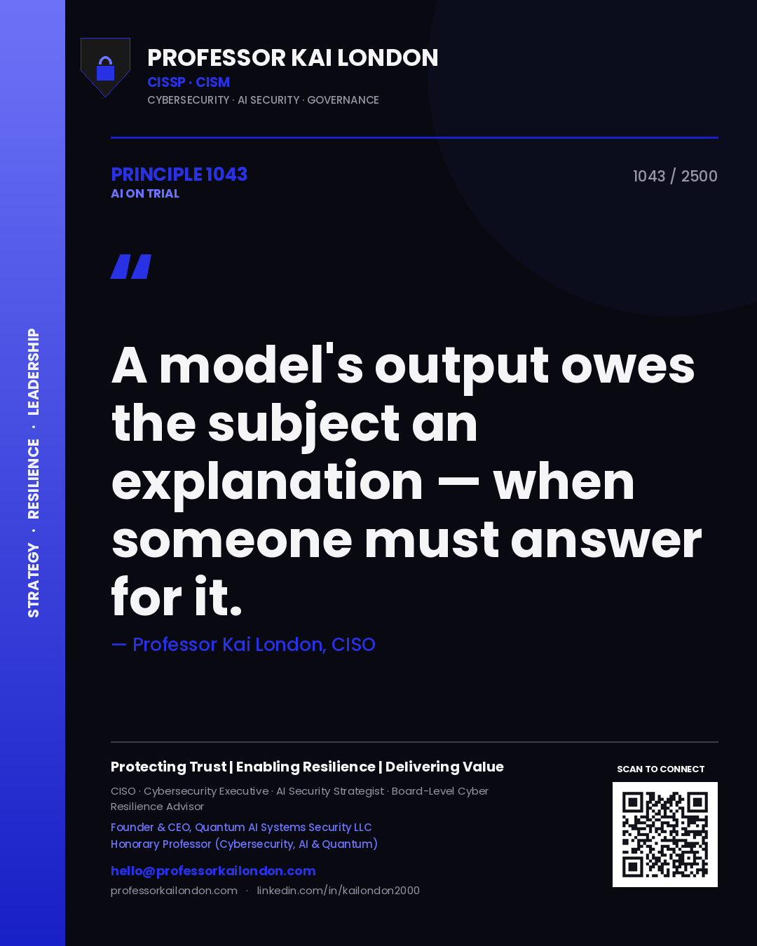 Professor Kai London principle 1043: A model's output owes the subject an explanation — when someone must answer for it.
