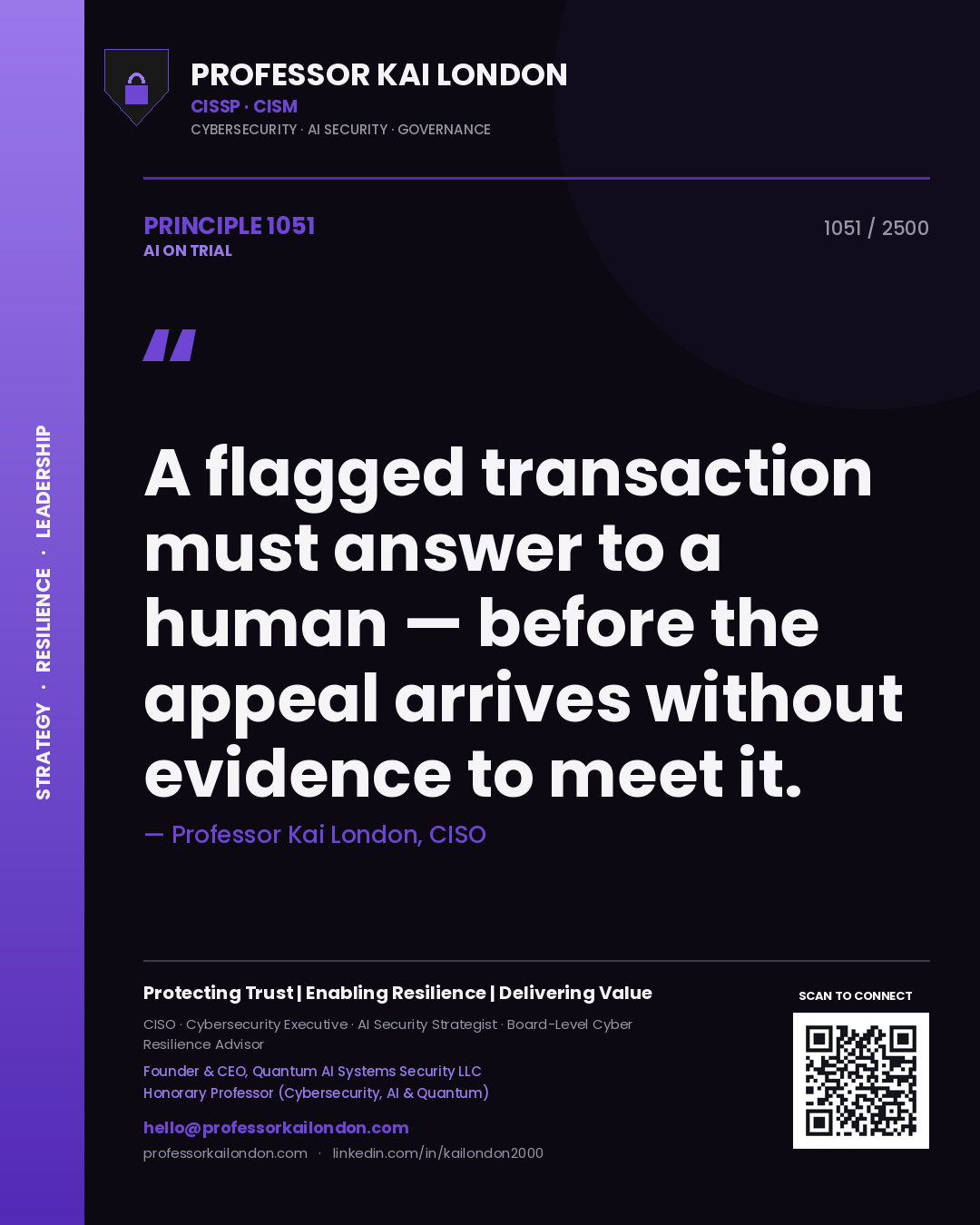 Professor Kai London principle 1051: A flagged transaction must answer to a human — before the appeal arrives without evidence to meet it.