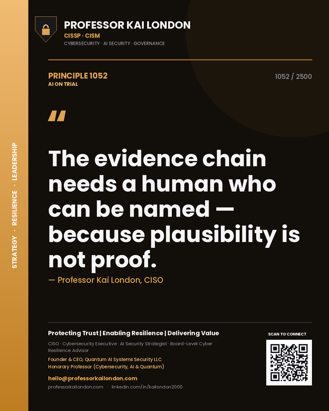 Professor Kai London principle 1052: The evidence chain needs a human who can be named — because plausibility is not proof.