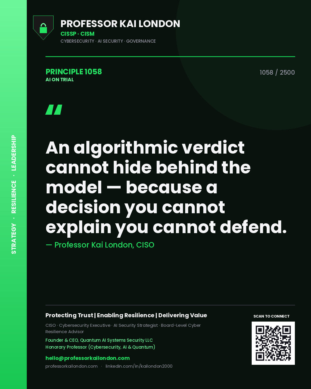 Professor Kai London principle 1058: An algorithmic verdict cannot hide behind the model — because a decision you cannot explain you cannot defend.