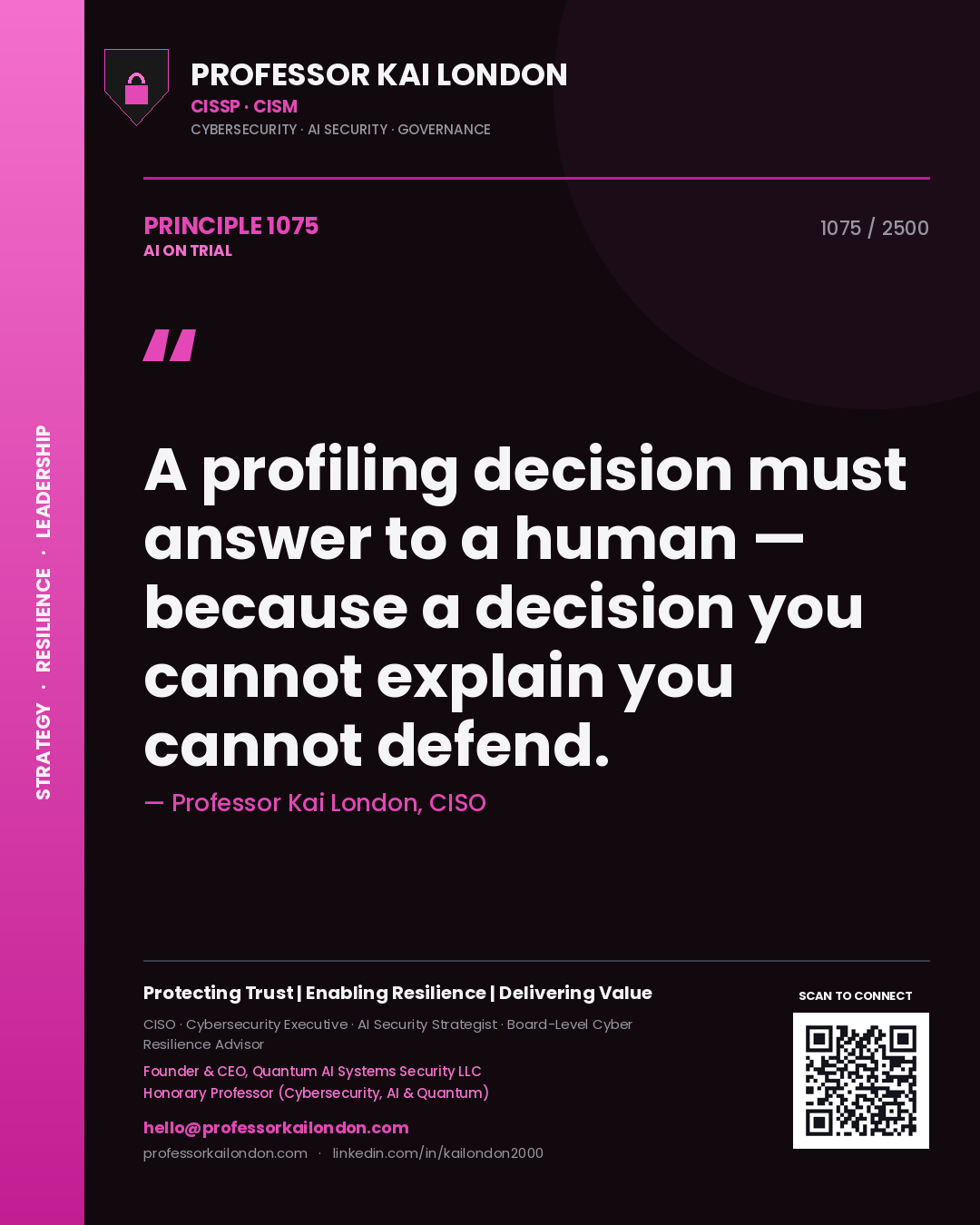 Professor Kai London principle 1075: A profiling decision must answer to a human — because a decision you cannot explain you cannot defend.