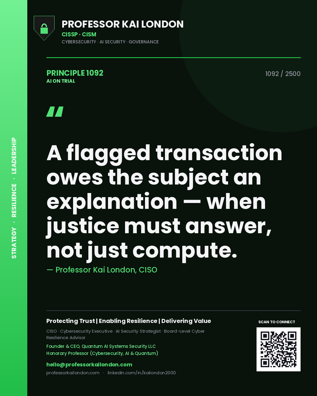 Professor Kai London principle 1092: A flagged transaction owes the subject an explanation — when justice must answer, not just compute.