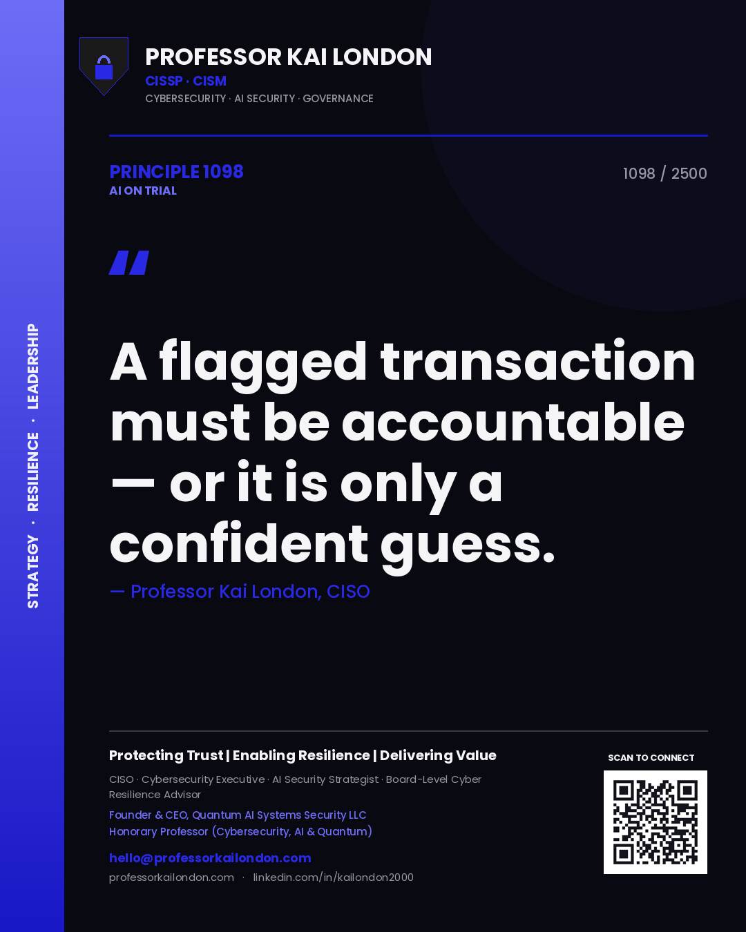 Quote card by Professor Kai London reading 'A flagged transaction must be accountable — or it is only a confident guess.'. From the book AI on Trial.