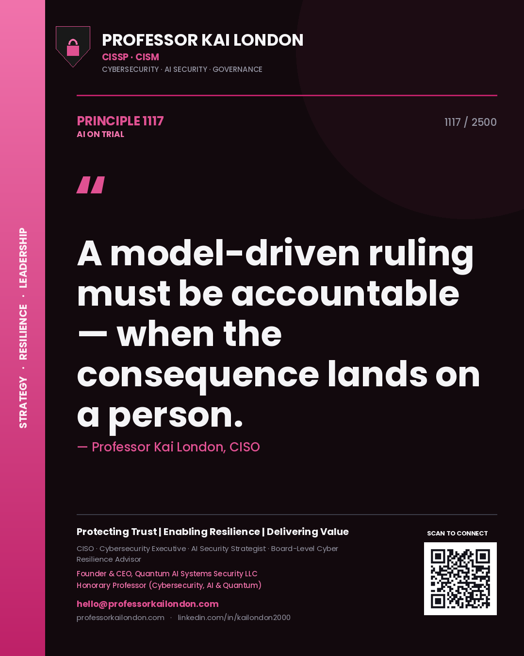 Quote card by Professor Kai London reading 'A model-driven ruling must be accountable — when the consequence lands on a person.'. From the book AI on Trial.