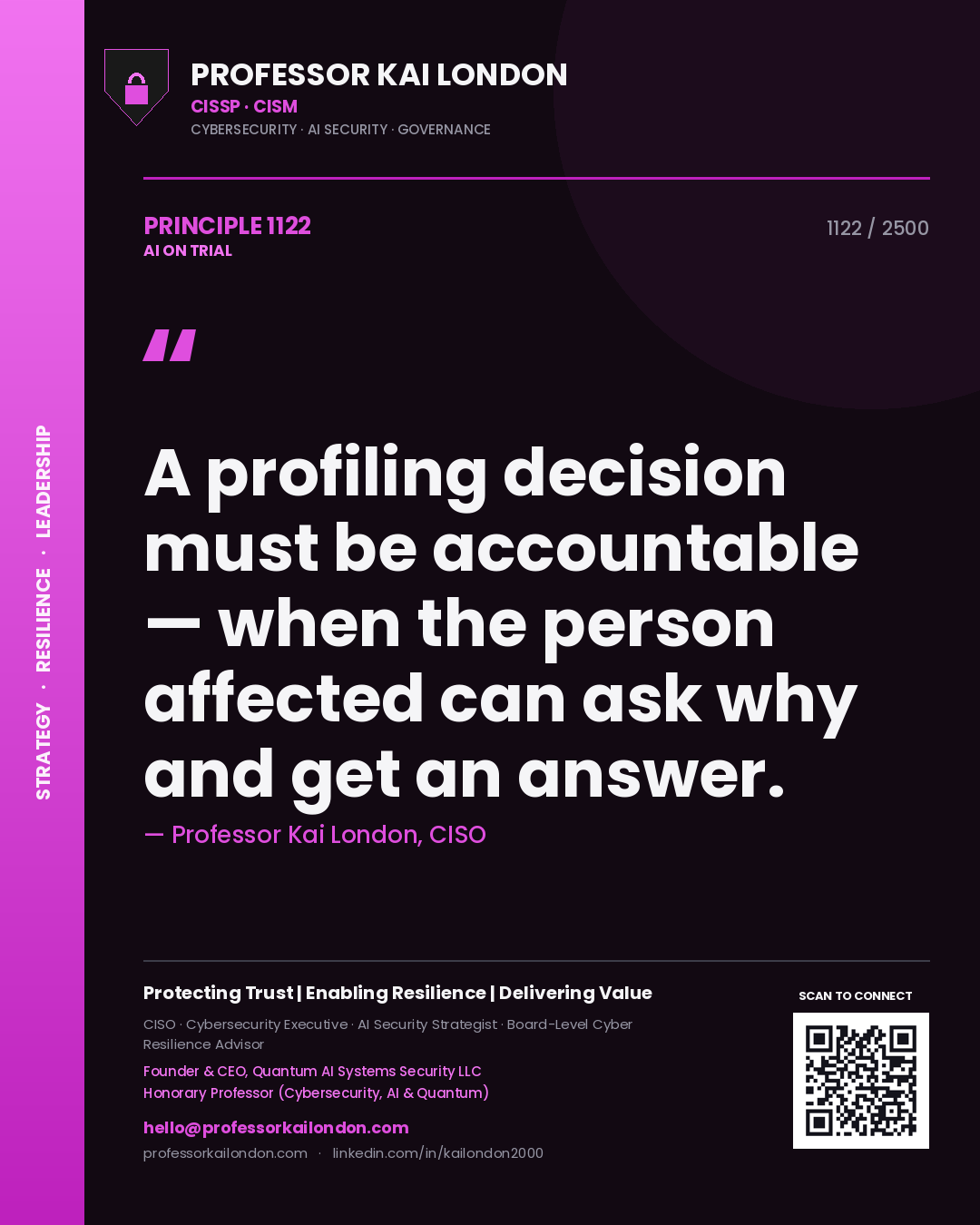 Quote card by Professor Kai London reading 'A profiling decision must be accountable — when the person affected can ask why and get an answer.'. From the book AI on Trial.