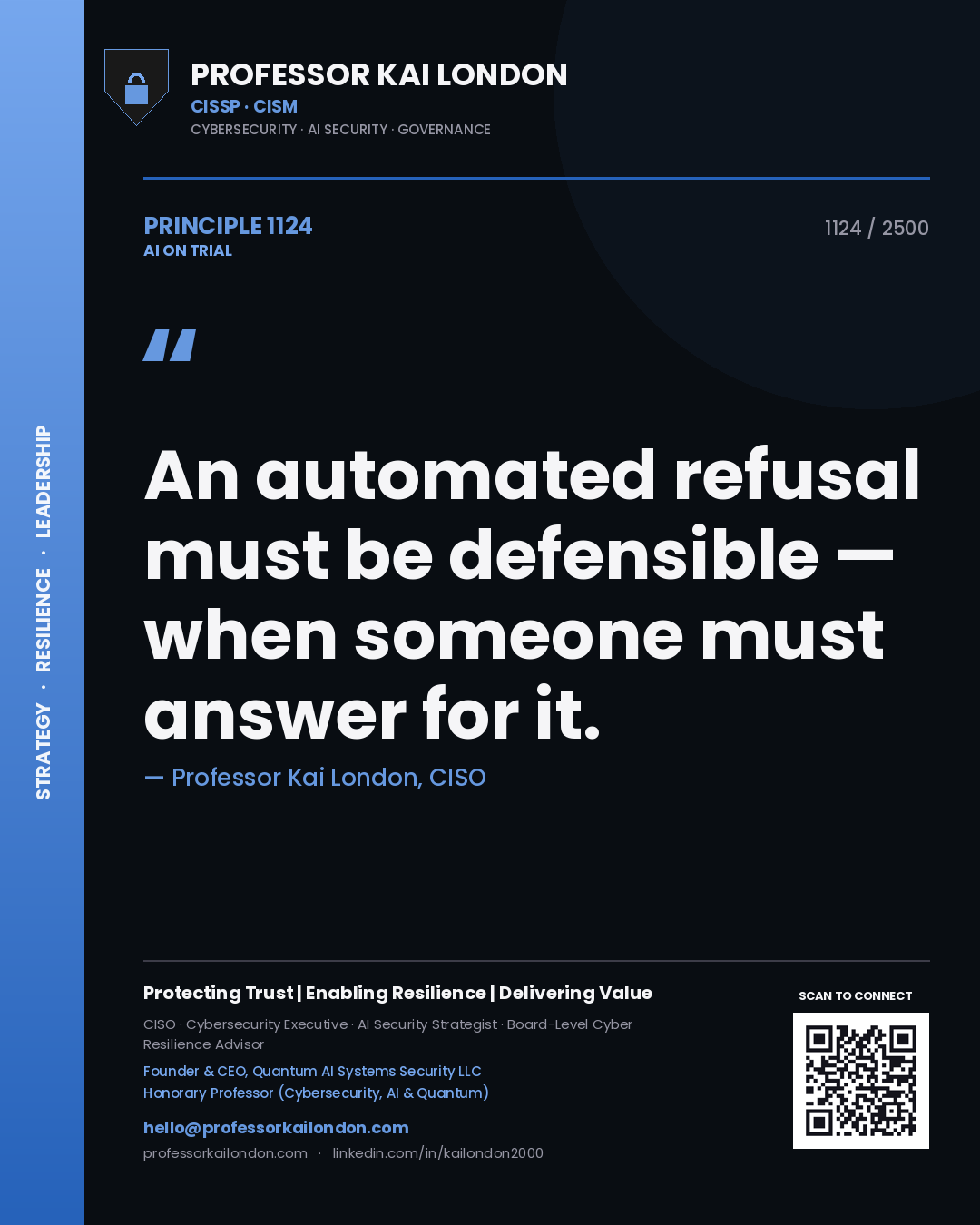 Professor Kai London principle 1124: An automated refusal must be defensible — when someone must answer for it.