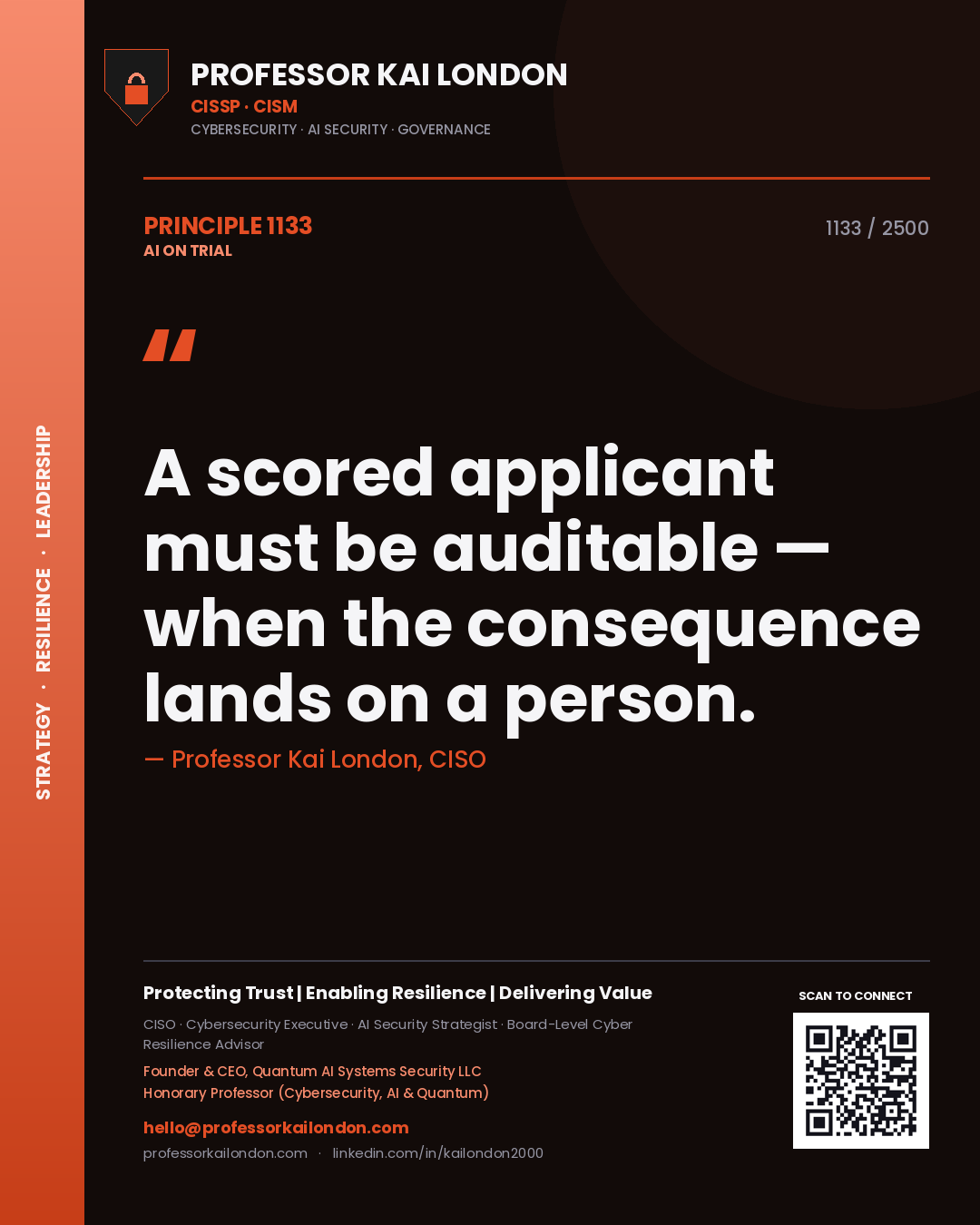 Quote card by Professor Kai London reading 'A scored applicant must be auditable — when the consequence lands on a person.'. From the book AI on Trial.
