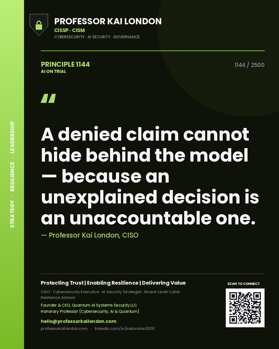Quote card by Professor Kai London reading 'A denied claim cannot hide behind the model — because an unexplained decision is an unaccountable one.'. From the book AI on Trial.