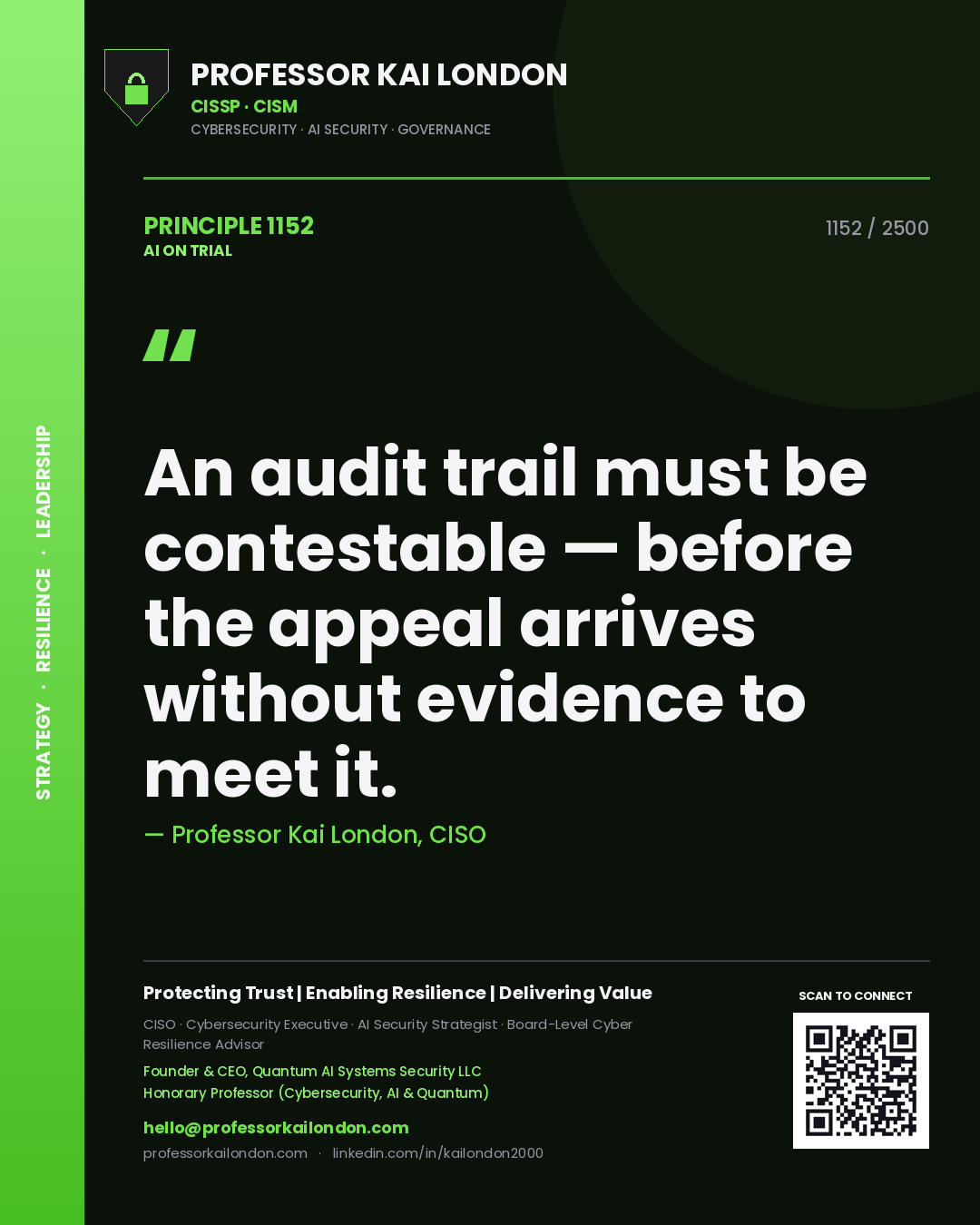 Quote card by Professor Kai London reading 'An audit trail must be contestable — before the appeal arrives without evidence to meet it.'. From the book AI on Trial.